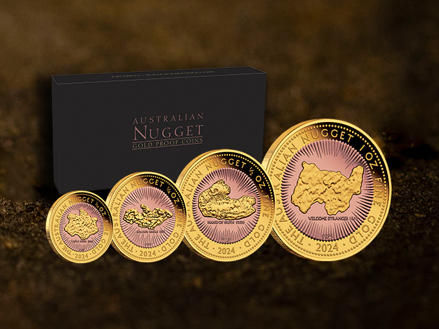 Hero banner Mobile First Australian Nugget Replicas 2024 Gold Proof Gilded Four Coin Set