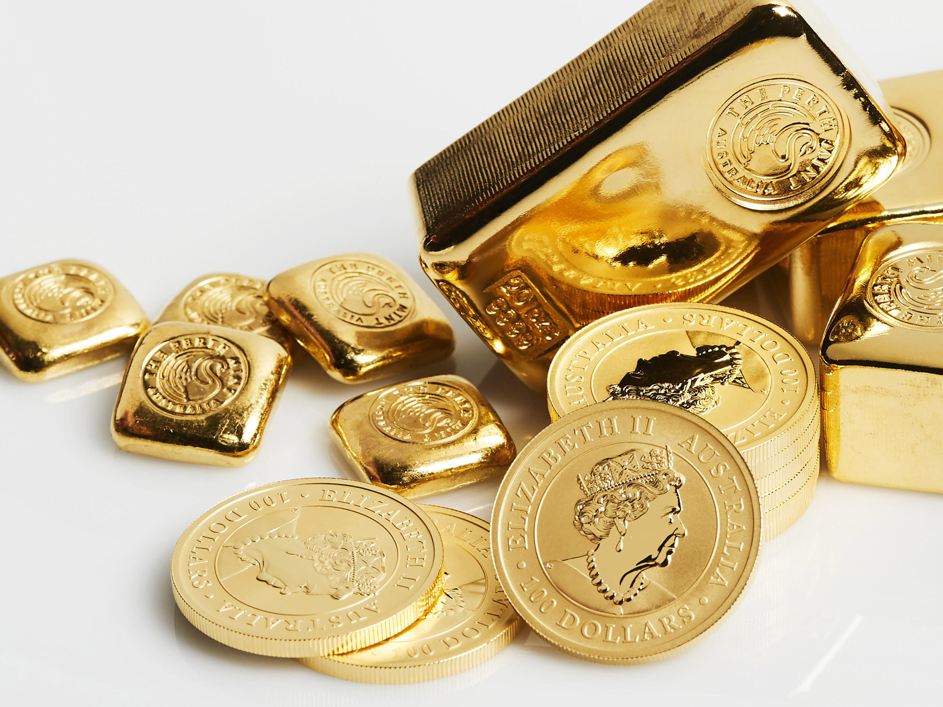 Gold bullion coins and bars at The Perth Mint.