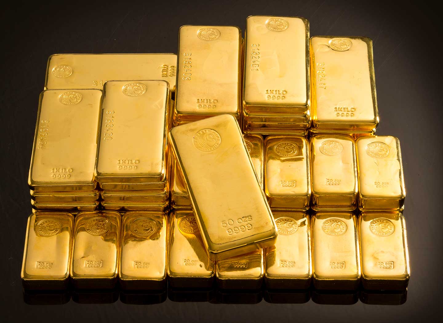 Shiny gold cast bars at The Perth Mint.