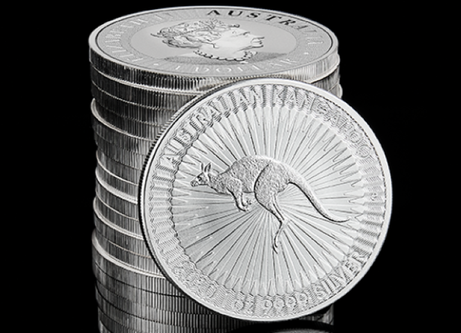 a stack of silver bullion with Kangaroo design