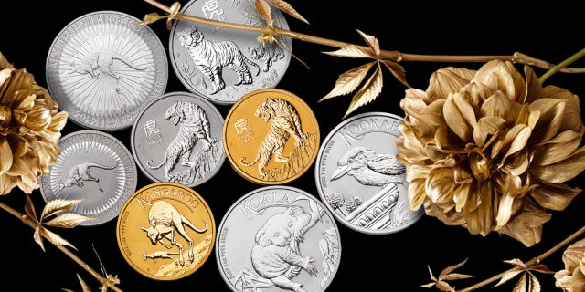 Golden flowers with The Perth Mint bullion gold and silver coins